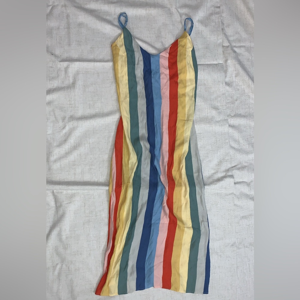 Rainbow Striped Midi/ Maxi Reformation Camisol Dress with X-Tie Back